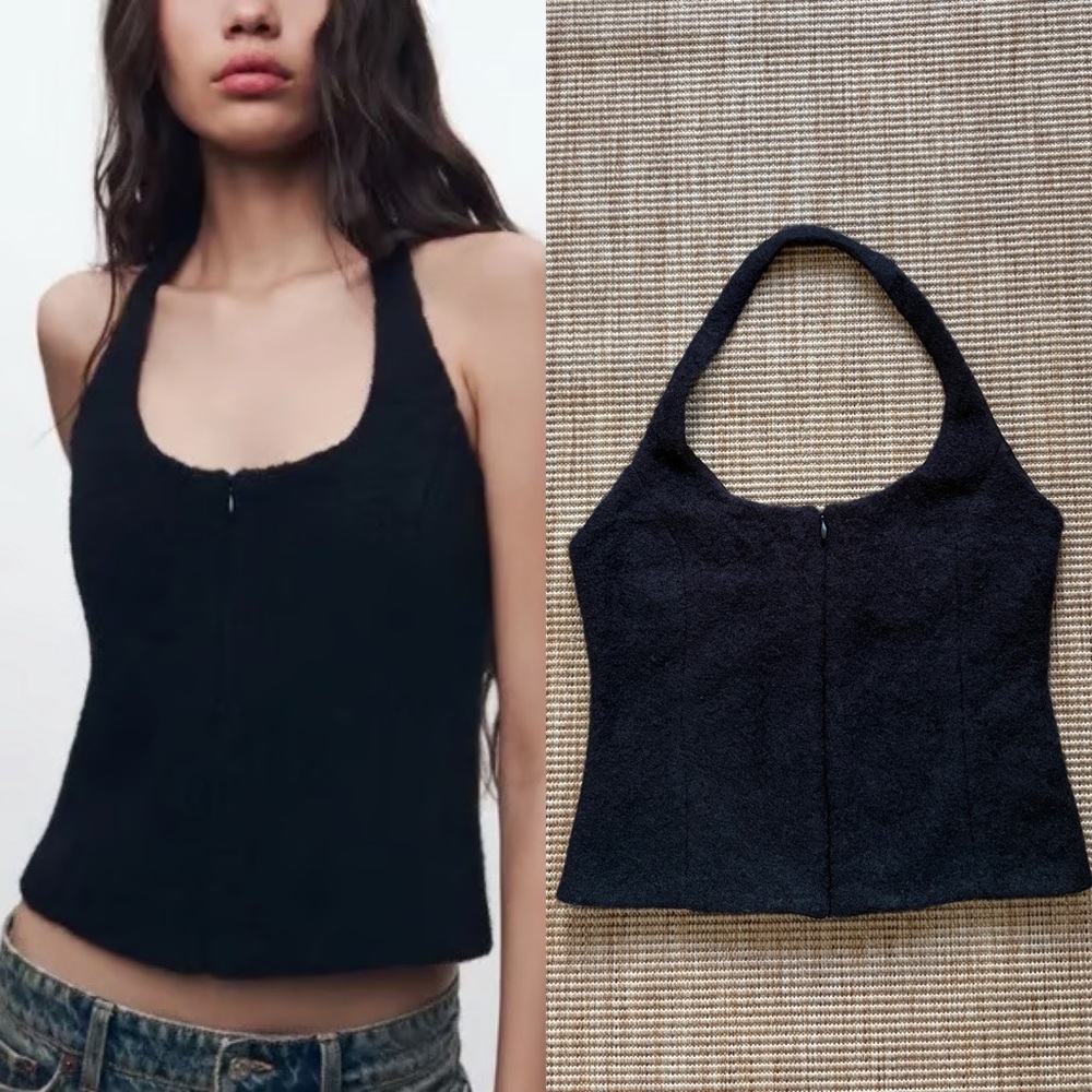 Zara faux fur fuzzy halter top in black